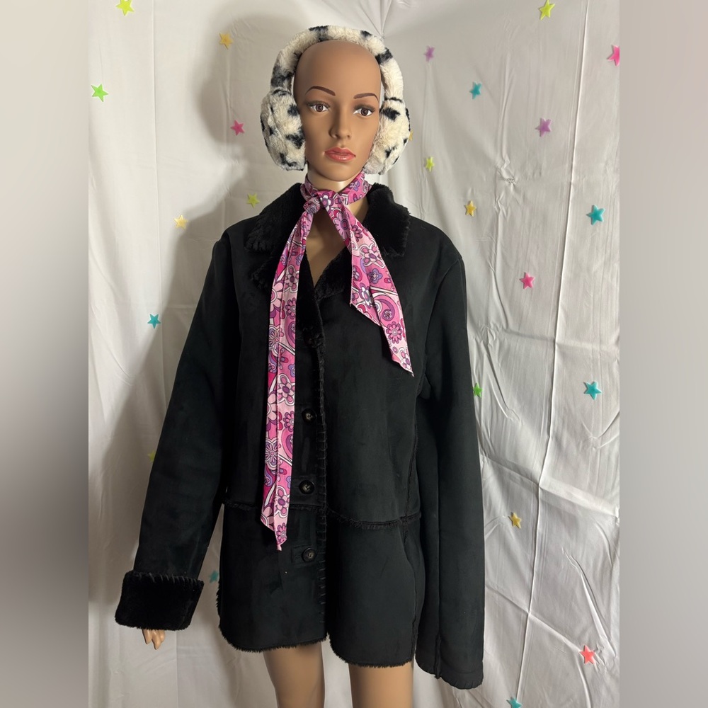 Y2K Jones New York Faux Suede and Fur Black Mid-length Coat Size XL